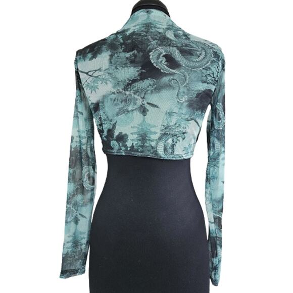 Teal and Black Sheer Long Sleeve Crop Top Size 10 New with Tag - Picture 2 of 5